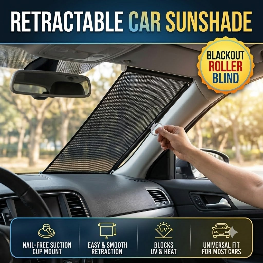 Retractable Car Window Sunshade – Nail Free Suction Cup Blackout Roller Blind