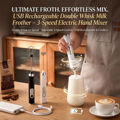 USB Rechargeable Double Whisk Milk Frother – 3 Speed Electric Hand Mixer