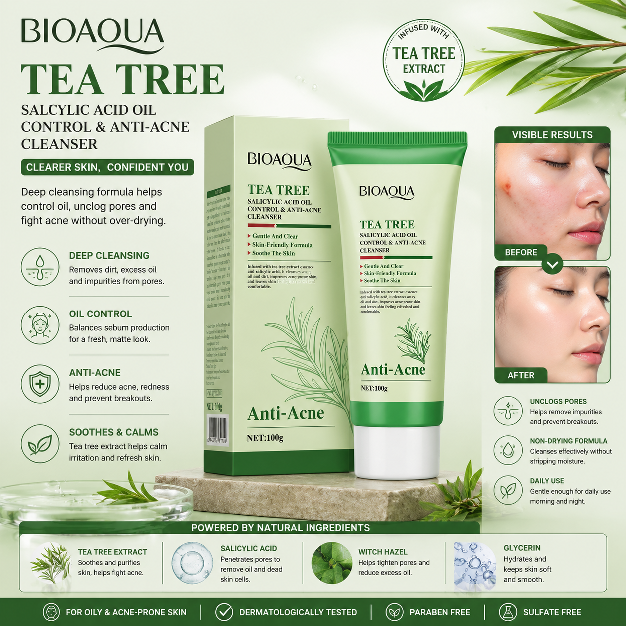 BIOAOUA Tea Tree Salicylic Acid Facial Cleanser – Deep Cleansing Face Wash for Oily &amp; Acne-Prone Skin