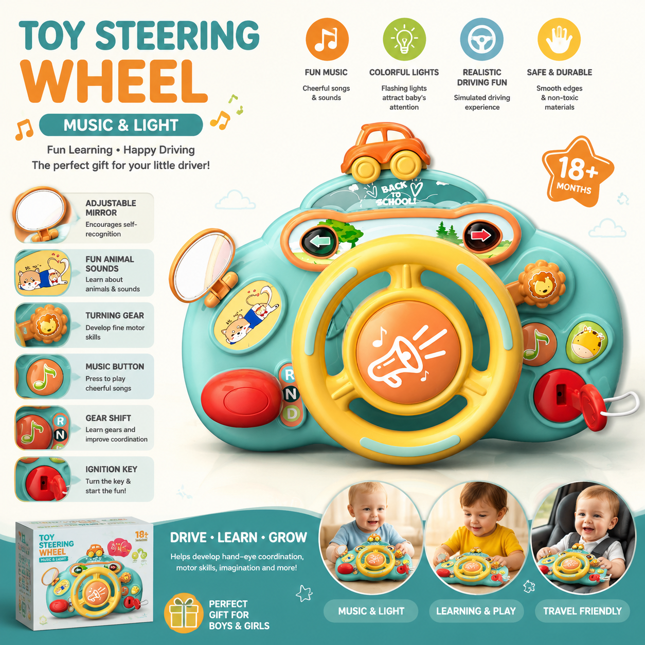 Baby Toy Steering Wheel with Music & Lights – Interactive Plastic Learning Gift Set for Kids