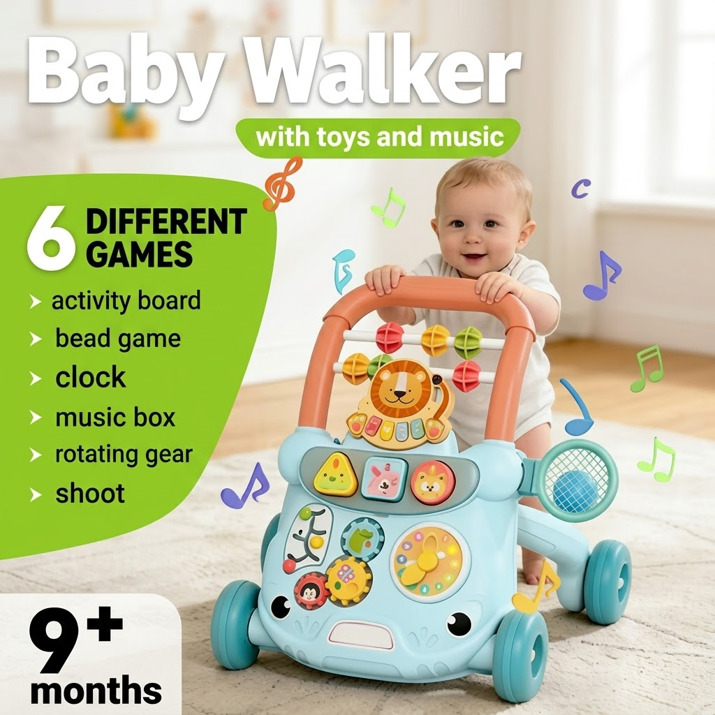 Musical & Light Lion Baby Walker Toy with Water Tank – Interactive Push Cart for Toddlers