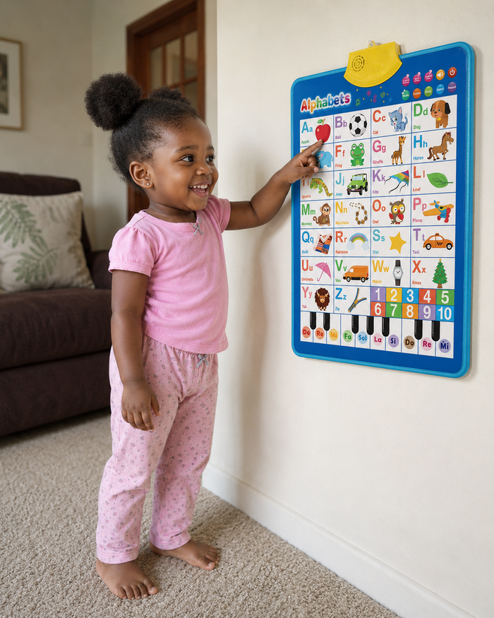 Child happily tapping and learning with the talking poster