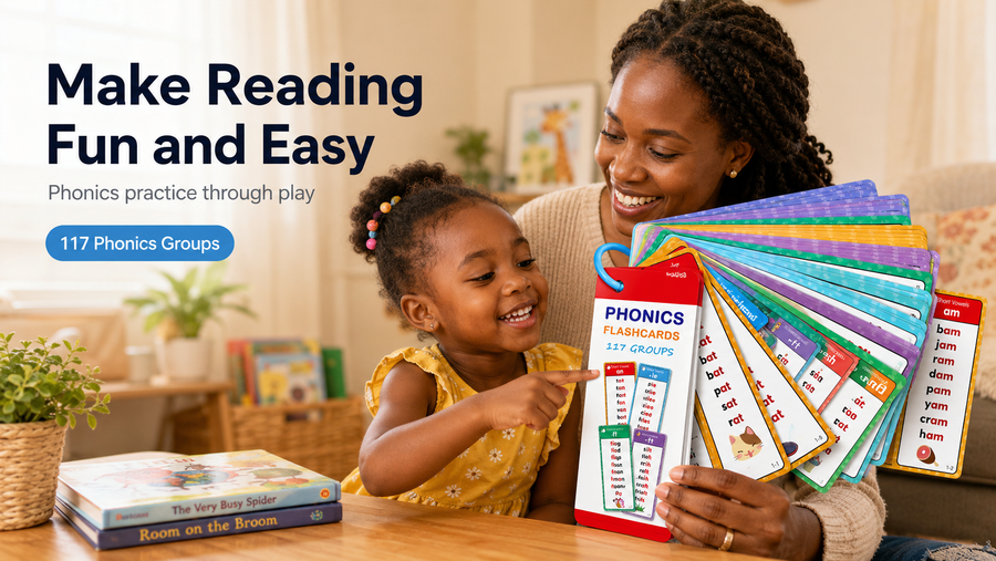 Mother and daughter reading phonics flashcards together