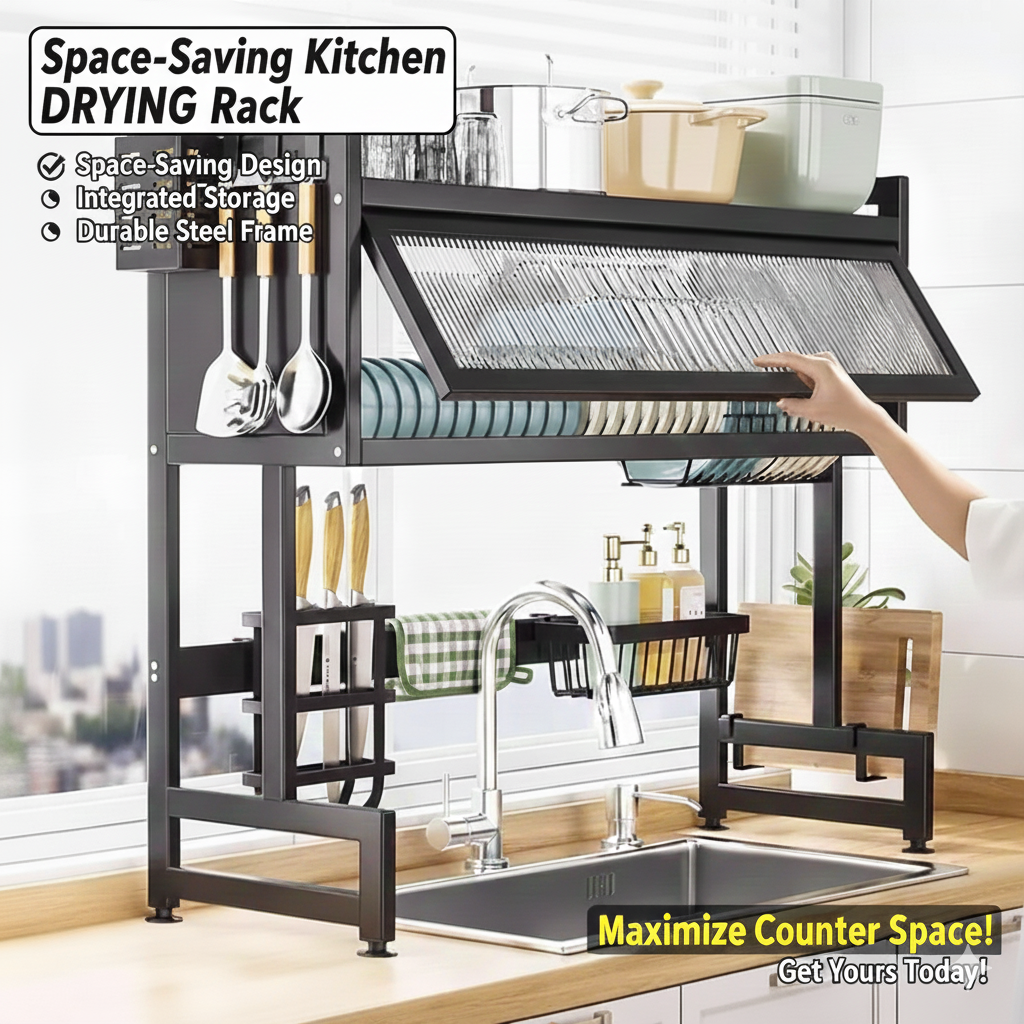 Space-Saving Kitchen Drying Rack — 2-Tier Metal Drainer