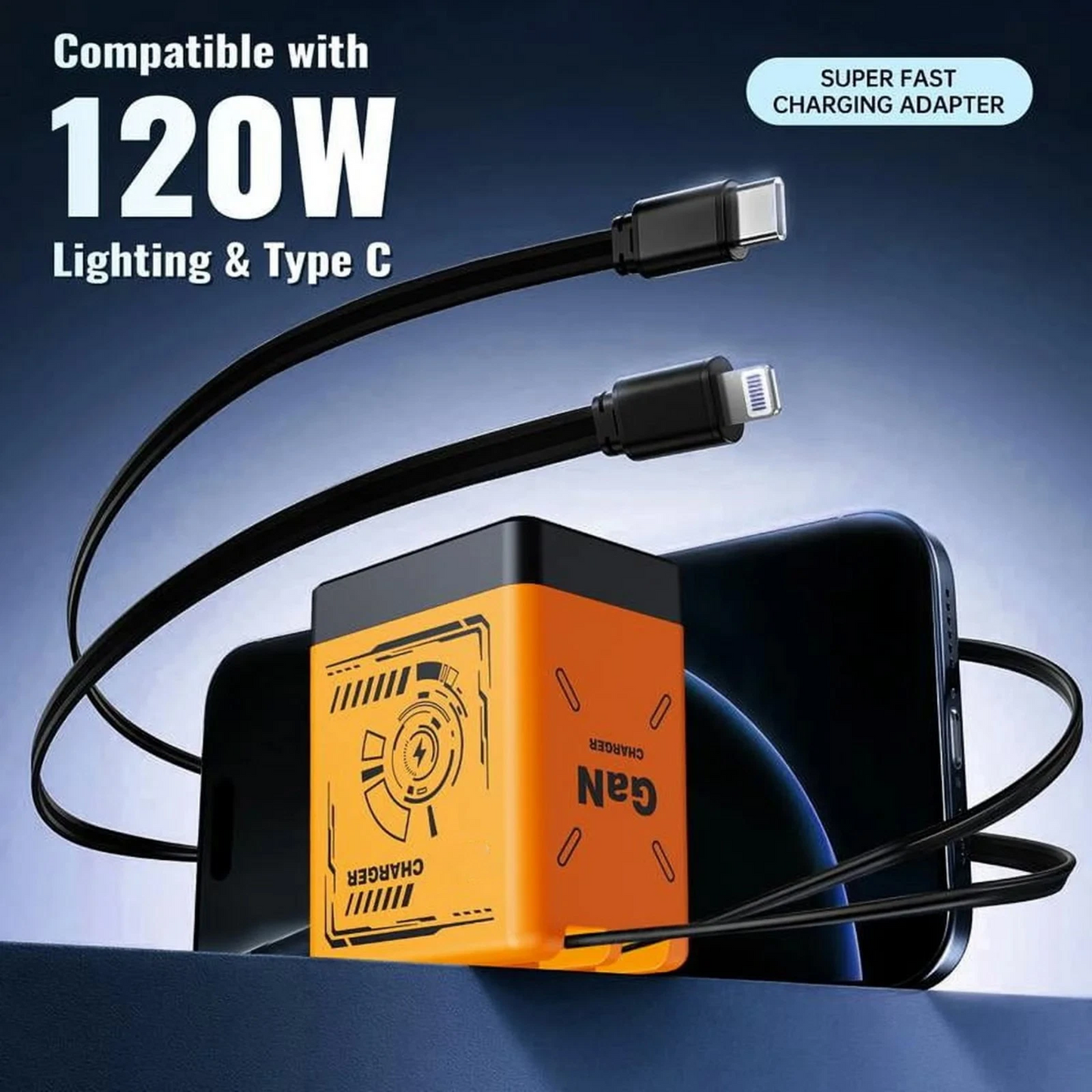 120W GaN Fast Charger USB-C PD Charger with Retractable Cable