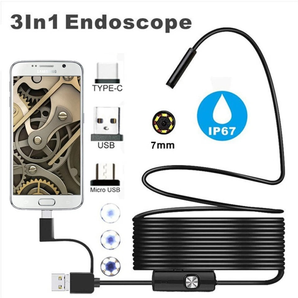 3-in-1 Endoscope Camera – Waterproof Inspection Tool with LED Lights